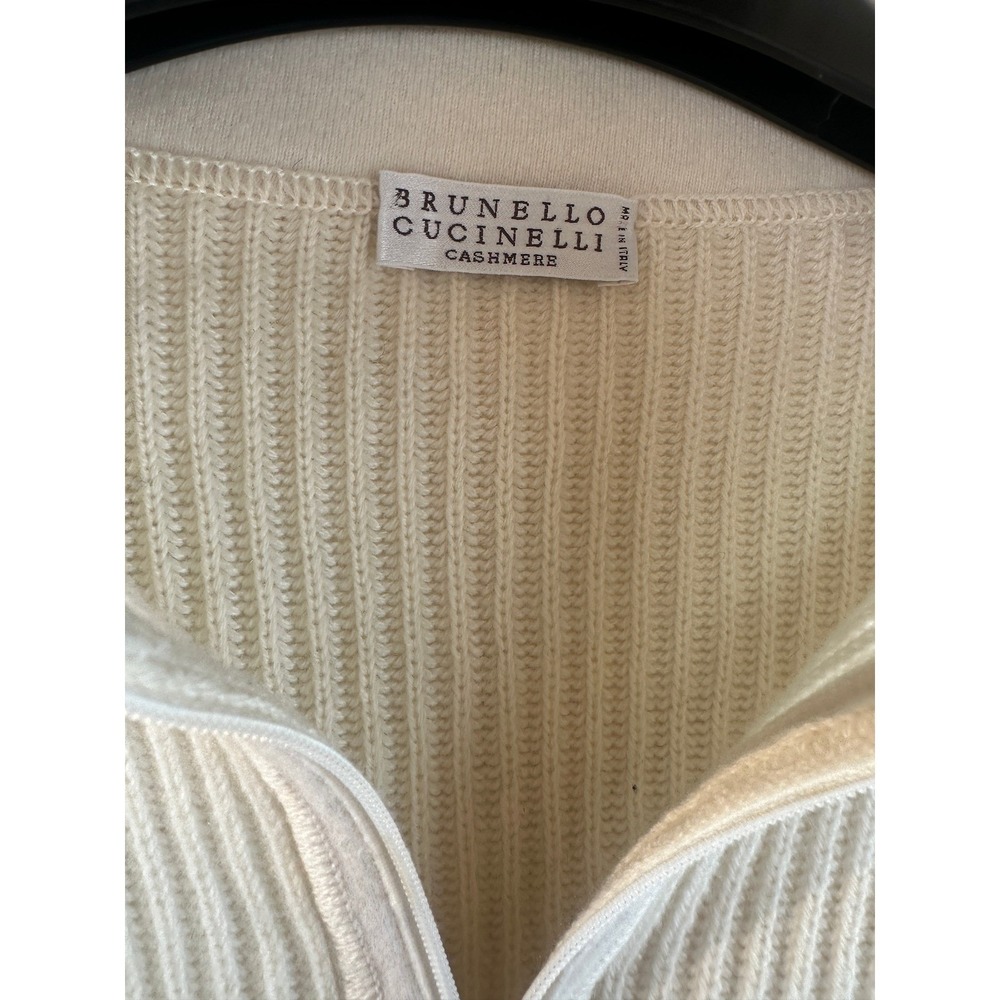 Brunello Cucinelli Cashmere Ribbed Full Zip Cardigan Cream Small Quiet Luxury - Picture 6 of 16